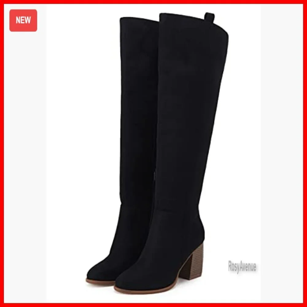 Faux Suede Over The Knee Boots Pointed Toe Chunky Block Heel Side Zipper